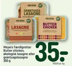 REMA 1000 Meyers færdigretter Butter chicken, økologisk lasagne eller grøntsagslasagne 350 g, DKK 35 tilbud