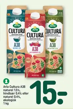 REMA 1000 Arla Cultura A38 naturel 1.5%, hindbær 0.4% eller naturel 0.4%, økologisk 1 kg, DKK 15 tilbud