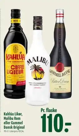 Min Købmand Kahlúa Likør, Malibu Rom eller Gammel Dansk Original, DKK 110 tilbud