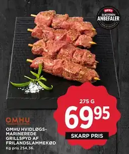 MENY OMHU HVIDLØGS MARINEREDE GRILLSPYD AF FRILANDS LAMMEKØD, DKK 69.95 tilbud