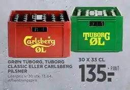 MENY GRØN TUBORG, TUBORG CLASSIC ELLER CARLSBERG PILSNER, DKK 135 tilbud