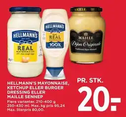 MENY HELLMANN’S MAYONNAISE, KETCHUP ELLER BURGER DRESSING ELLER MAILLE SENNEP, DKK 20 tilbud