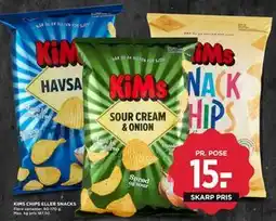 MENY KIMS CHIPS ELLER SNACKS, DKK 15 tilbud
