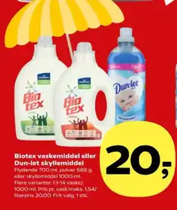 Kvickly BIOTEX vaskemiddel eller Dun-let skyllemiddel tilbud