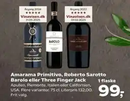 Kvickly Amarama Primitivo, Roberto Sarotto Barolo eller Three Finger Jack tilbud