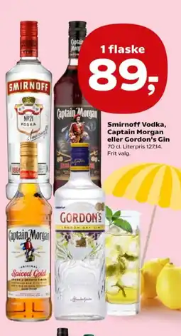Kvickly Smirnoff Vodka, Captain Morgan eller Gordon's Gin tilbud