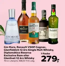 Kvickly Gin Mare, Renault VSOP Cognac, Glenfiddich 12 års Single Malt Whisky, tilbud