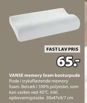 JYSK VANSE memory foam konturpude, DKK 65 tilbud