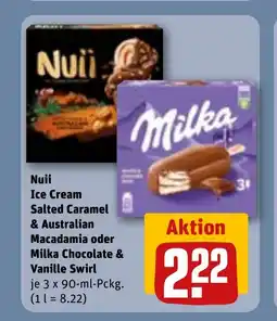 REWE DE NUII Ice cream salted caramel & australian macadamia oder milka chocolate & vanille swirl tilbud