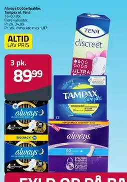 Fleggaard Always Dobbeltpakke, Tampax el. Tena, DKK 89.99 tilbud