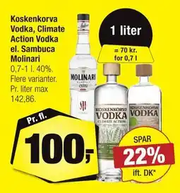 Calle Koskenkorva Vodka, Climate Action Vodka el. Sambuca Molinari, DKK 100 tilbud