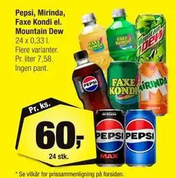 Calle Pepsi, Mirinda, Faxe Kondi el. Mountain Dew, DKK 60 tilbud