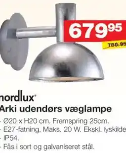 Bauhaus Nordlux® arki udendørs væglampe -020 x h20 cm. fremspring 25cm. -e27-fatning, maks. 20 w. ekskl. lyskilde. - ip54. tilbud
