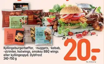 REMA 1000 Kyllingeburgerbøffer, -nuggets, -kebab, -strimler, hotwings, smokey BBQ wings eller kyllingespyd tilbud