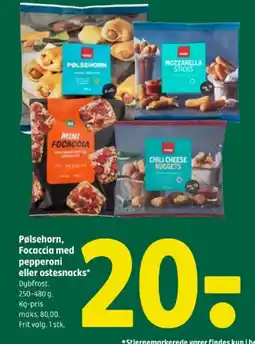 Coop 365 Pølsehorn, Focaccia med pepperoni eller ostesnacks tilbud