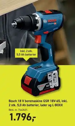 Johannes Fog Bosch 18 V boremaskine GSR 18V-65, inkl. 2 stk. 5,0 Ah batterier, lader og L-BOXX, DKK 1796 tilbud