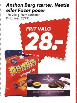 Bilka Anthon Berg tærter, Nestle eller Fazer poser, DKK 28 tilbud