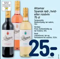 REMA 1000 Altamar Spansk rød-, hvid- eller rosévin 75 cl, DKK 25 tilbud