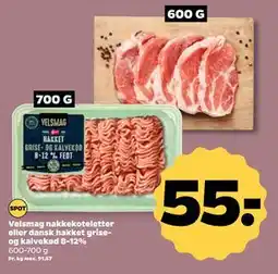 Netto Velsmag nakkekoteletter eller dansk hakket grise- og kalvekød 8-12%, DKK 55 tilbud