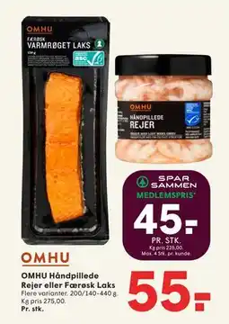 SPAR OMHU Håndpillede Rejer eller Færøsk Laks, DKK 55, App-pris tilbud