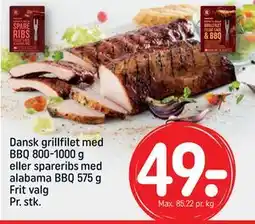 REMA 1000 Dansk grillfilet med BBQ 800-1000 g eller spareribs med alabama BBQ 575 g, DKK 49 tilbud