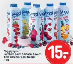REMA 1000 Yoggi yoghurt Jordbær, pære & banan, havens bær, kirsebær eller tropisk 1 kg, DKK 15 tilbud