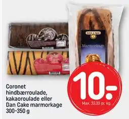 REMA 1000 Coronet hindbærroulade, kakaoroulade eller Dan Cake marmorkage 300-350 g, DKK 10 tilbud