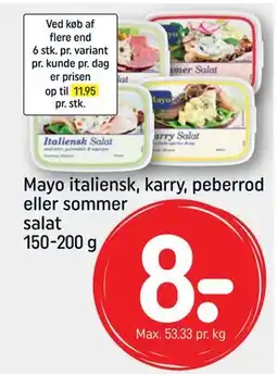 REMA 1000 Mayo italiensk, karry, peberrod eller sommer salat 150-200 g, DKK 8 tilbud