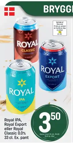 REMA 1000 Royal IPA, Royal Export eller Royal Classic 0.0% 33 cl. Ex. pant, DKK 3.5 tilbud