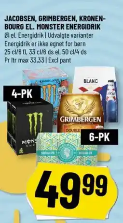 Løvbjerg JACOBSEN, GRIMBERGEN, KRONEN- BOURG EL. MONSTER ENERGIDRIK Øl el. Energidrik tilbud