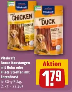 REWE DE Vitakraft Bonas Kaustangen mit Huhn oder Filets Streifen mit Entenbrust tilbud
