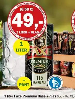 Købmandsgården 1 liter Faxe Premium dåse + glas, DKK 49 tilbud