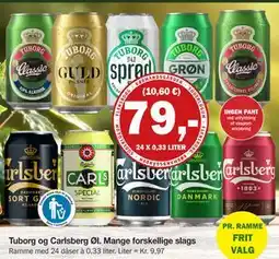 Købmandsgården Tuborg og Carlsberg Øl. Mange forskellige slags, DKK 79 tilbud