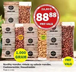 Købmandsgården Nordthy mandler, ristede og saltede mandler, Cashewnødder, Hasselnødder, DKK 88.88 tilbud