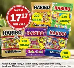 Købmandsgården Haribo Kinder-Party, Starmix Minis, Saft Goldbären Minis, Knallbunt Minis, DKK 17.17 tilbud