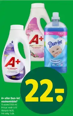 Coop 365 A+ eller Dun-let vaskemiddel* 15 vaske/1300 ml. Pris pr. vask 1,47/ literpris 16,92. Frit valg. 1 stk. tilbud