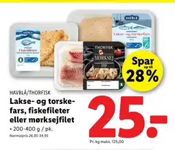 Lidl HAVBLÅ/THORFISK Lakse- og torske- fars, fiskefileter eller mørksejfilet tilbud