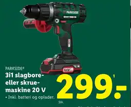 Lidl PARKSIDE 3i1 slagbore- eller skrue- maskine 20 V tilbud