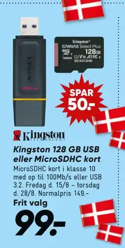 Bilka Kingston 128 GB USB eller MicroSDHC kort, DKK 99 tilbud