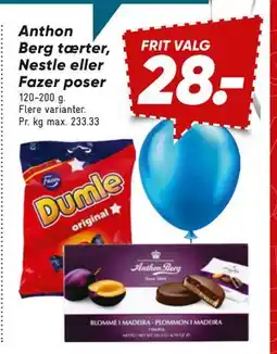 Bilka Anthon Berg tærter, Nestle eller Fazer poser, DKK 28 tilbud