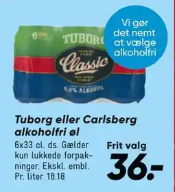 Bilka Tuborg eller Carlsberg alkoholfri øl, DKK 36 tilbud