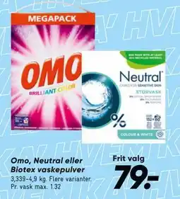 Bilka Omo, Neutral eller Biotex vaskepulver, DKK 79 tilbud