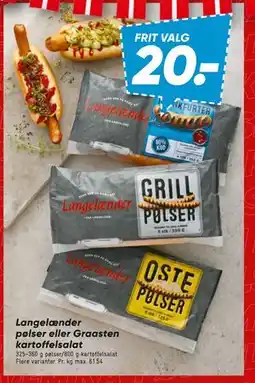 Bilka Langelænder pølser eller Graasten kartoffelsalat, DKK 20 tilbud