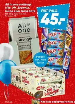Bilka All in one rodfrugt kiks, Mr. Brownie, Disco eller Nora bars, DKK 45 tilbud