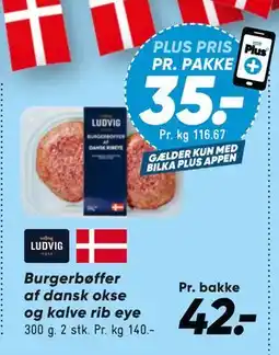 Bilka Burgerbøffer af dansk okse og kalve rib eye, DKK 42, App-pris tilbud