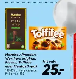 Bilka Marabou Premium, Werthers original, Riesen, Toffifee eller Mentos 3-pak, DKK 25 tilbud