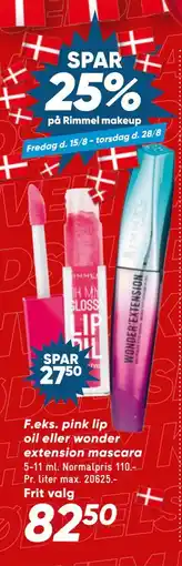 Bilka pink lip oil eller wonder extension mascara, DKK 82.5 tilbud