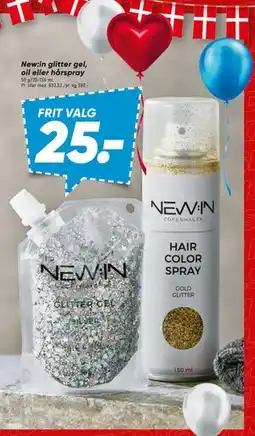 Bilka New:in glitter gel, oil eller hårspray, DKK 25 tilbud