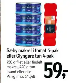 Føtex Sæby makrel i tomat 6-pak eller Glyngøre tun 4-pak, DKK 59 tilbud