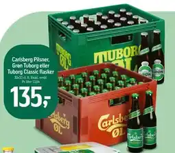 Føtex Carlsberg Pilsner, Grøn Tuborg eller Tuborg Classic flasker, DKK 135 tilbud